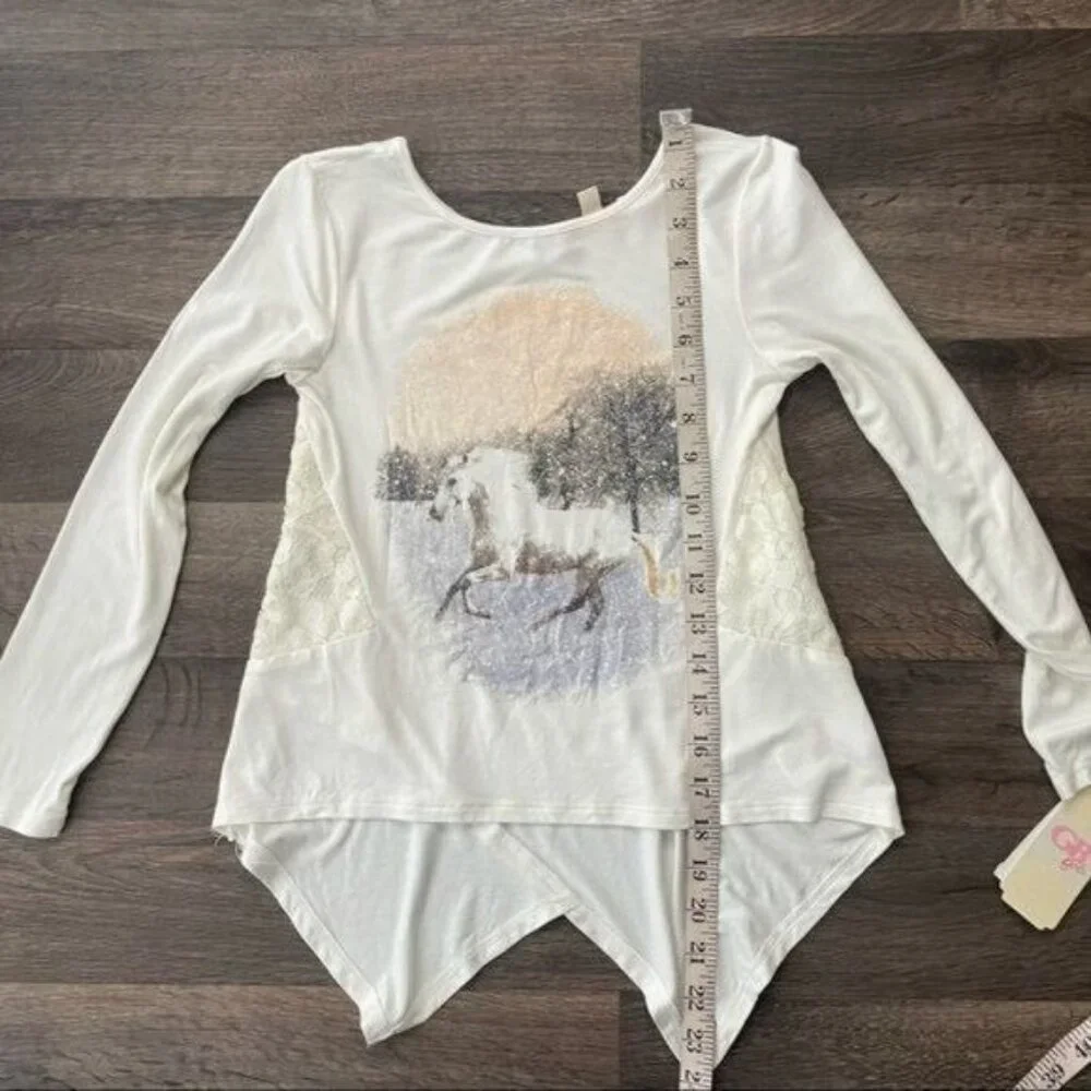 GB Girls Ivory Long Sleeve Top with Unicorn Print Shimmer Lace& Asymmetrical Hem - Picture 9 of 9
